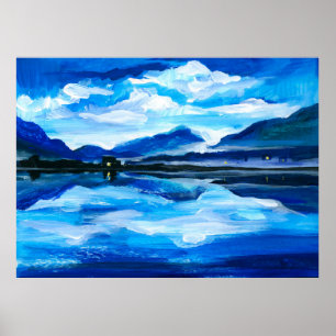 Affiche Peinture à l'huile du crépuscule sur le lac de mon