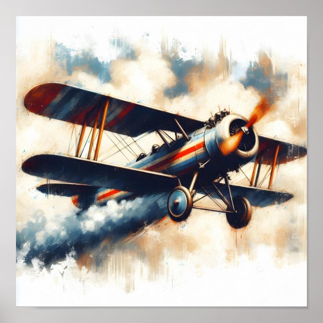 Affiche Peinture à l'huile d'un biplan bleu vintage (Devant)