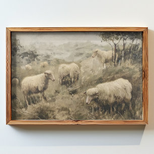 Affiche peinture à l'huile d'un groupe de moutons broutant