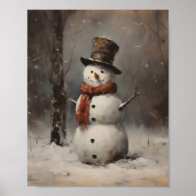 Affiche Peinture À L'Huile D'Un Snowman Portant Un Casquet (Devant)