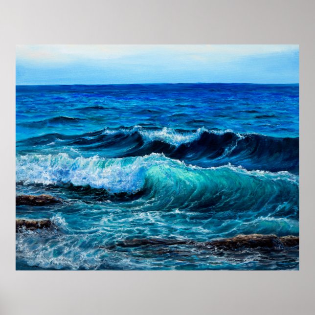 Affiche Peinture à l'huile montrant des vagues dans l'océa (Devant)