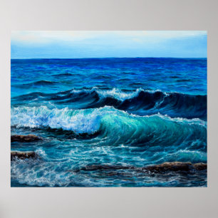 Affiche Peinture à l'huile montrant des vagues dans l'océa
