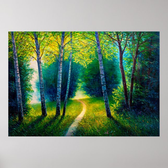 Affiche Peinture à l'huile paysage forestier, belle route  (Devant)