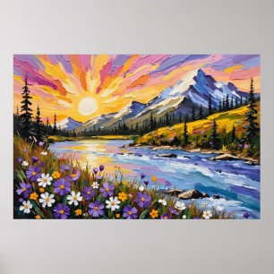 Affiche Peinture à l'huile solaire de montagne vibrante