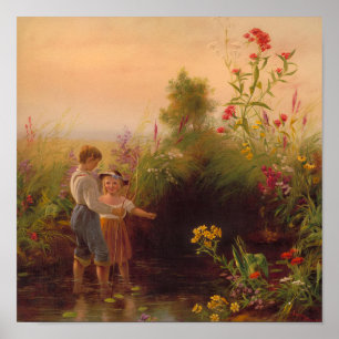 Affiche Peinture à l'huile vintage d'enfants pêchant dans 
