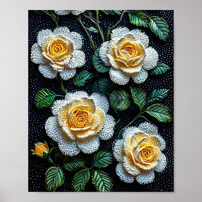 Affiche Peinture à points de roses blanches élégantes Art  (Devant)