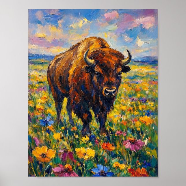 Affiche Peinture abstraite de buffle dans un champ de fleu (Devant)