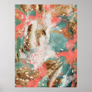 Affiche Peinture Abstraite moderne Coral Turquoise Or Blan