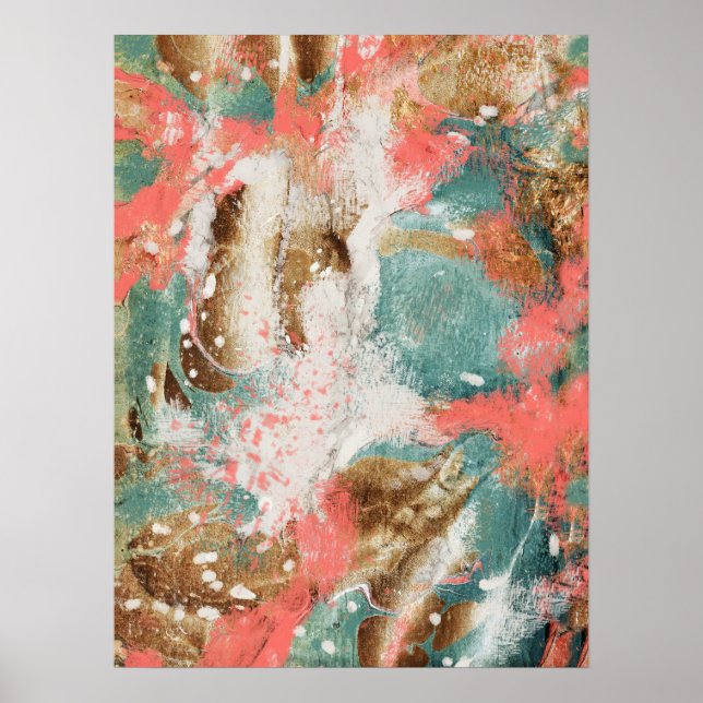 Affiche Peinture Abstraite moderne Coral Turquoise Or Blan (Devant)