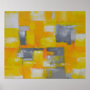 Affiche peinture abstraite moderne gris jaune blanc
