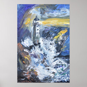 Affiche Peinture acrylique à l'impasto d'un phare dans une