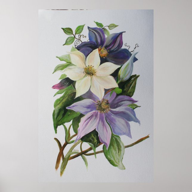 Affiche Peinture acrylique de la vigne Lilac Clematis (Devant)