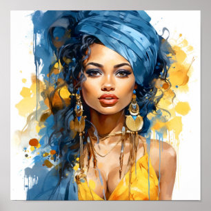 Affiche Peinture afro-américaine en bleu et jaune