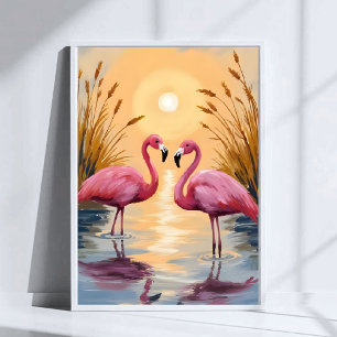 Affiche Peinture Animale Coucher de Soleil Flamants Roses