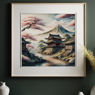 Affiche Peinture aquarelle Ancien Village Japonais 1:1