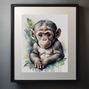 Affiche Peinture aquarelle bébé chimpanzé nurserie 5:4