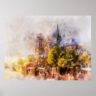 Affiche Peinture aquarelle Cathédrale Notre-Dame au lever