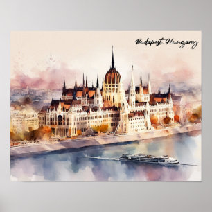 Affiche Peinture aquarelle de Budapest Hongrie vue panoram