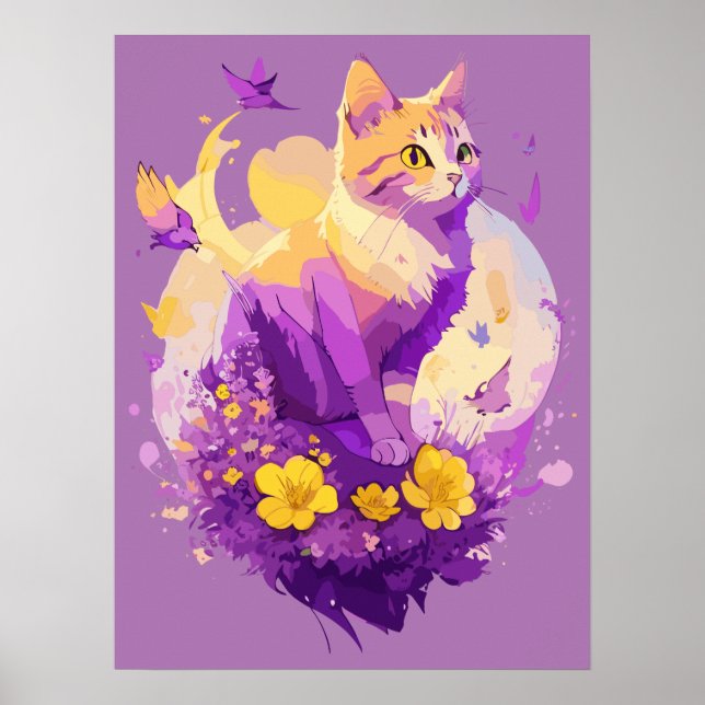 Affiche Peinture aquarelle de chat mignon avec flore (Devant)