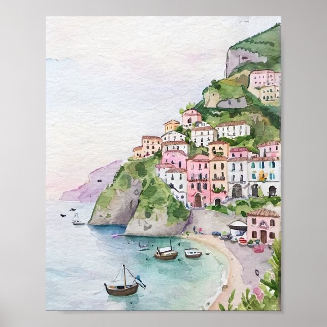Affiche Peinture aquarelle de la côte d'Amalfi (Devant)
