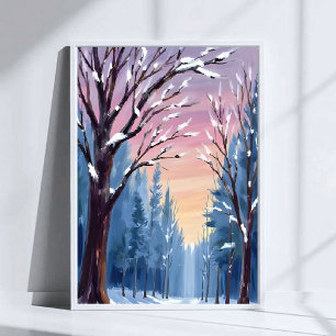 Affiche Peinture aquarelle de la forêt hivernale sous une