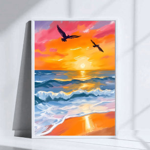 Affiche Peinture aquarelle de la plage au coucher du solei