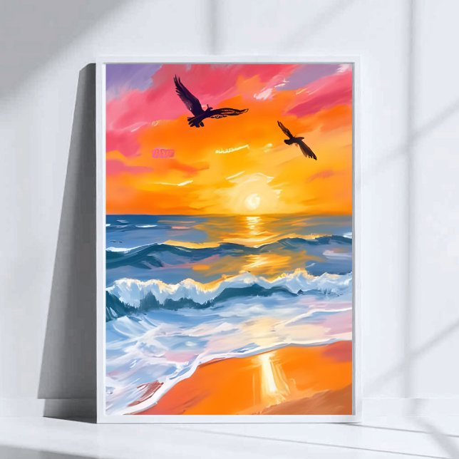 Affiche Peinture aquarelle de la plage au coucher du solei (Créateur téléchargé)