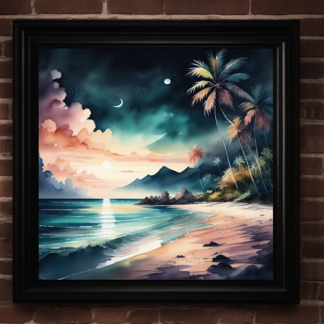 Affiche Peinture aquarelle de la plage tropicale à la nuit (Créateur téléchargé)