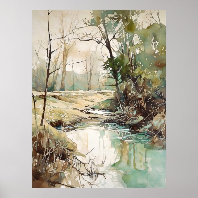 Affiche Peinture aquarelle de la rivière de la forêt  (Devant)