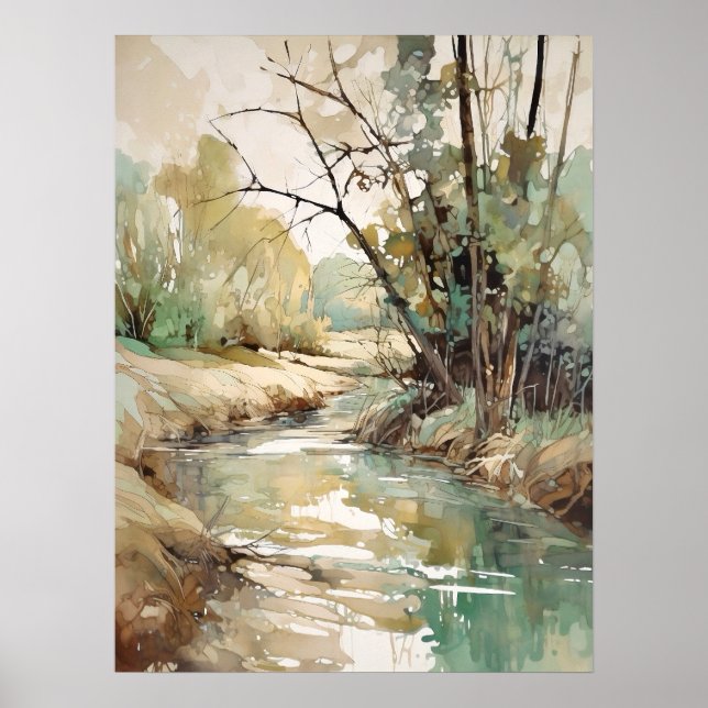 Affiche Peinture aquarelle de la rivière de la forêt  (Devant)