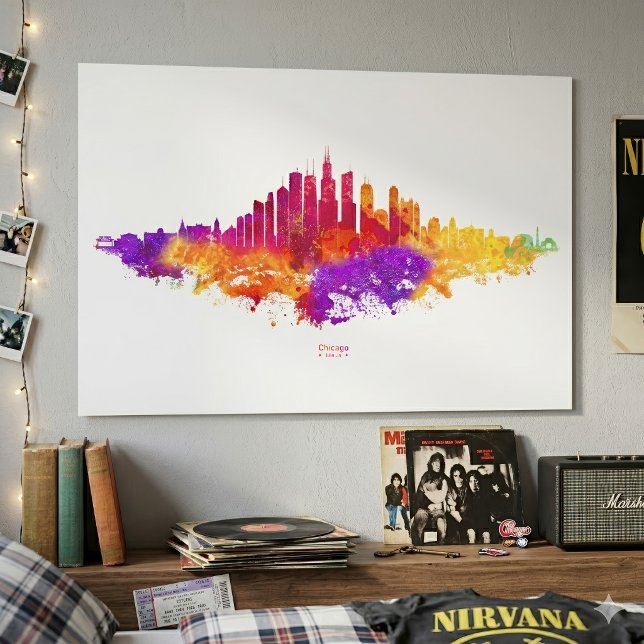Affiche Peinture aquarelle de la skyline de Chicago sur fo (Chicago Skyline Watercolor Art on White Background. Poster)