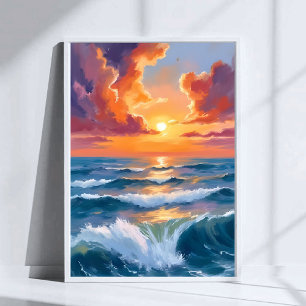 Affiche Peinture aquarelle de l'océan au coucher du soleil