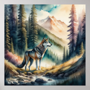 Affiche Peinture aquarelle de loup en forêt 1:1
