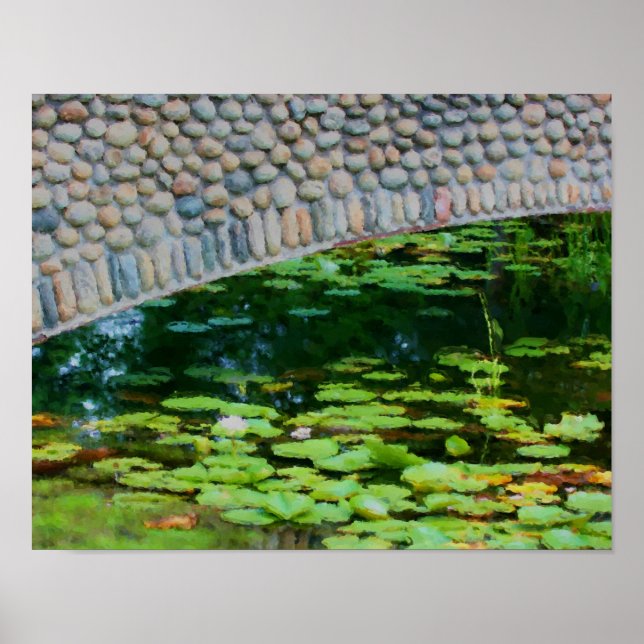 Affiche Peinture aquarelle de nénuphars du pont de pierre (Devant)