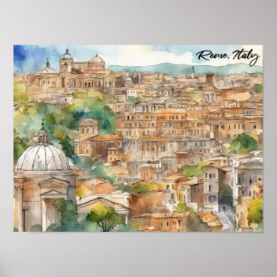Affiche Peinture aquarelle de Rome Italie vue panoramique