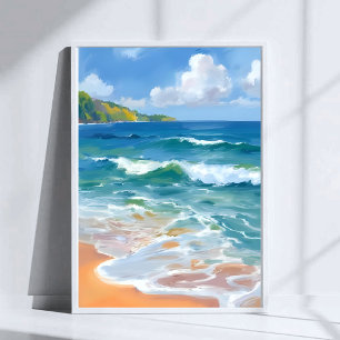 Affiche Peinture aquarelle de vagues bleues côtières océan