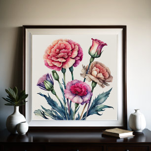 Affiche Peinture aquarelle des oeillets roses