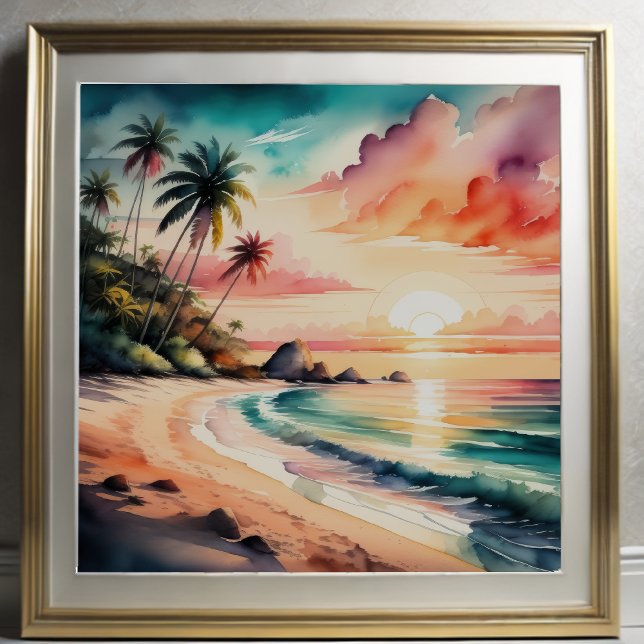 Affiche Peinture aquarelle du coucher de soleil de la plag (Créateur téléchargé)
