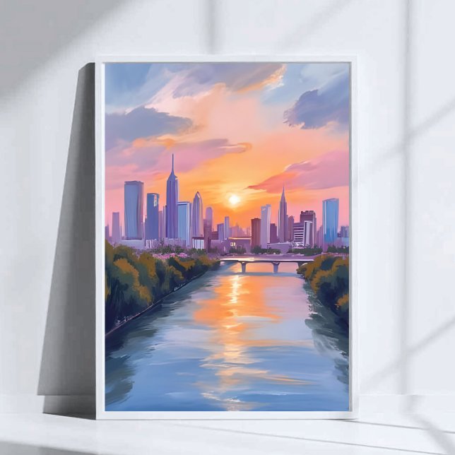 Affiche Peinture aquarelle du coucher de soleil sur la vil (Créateur téléchargé)