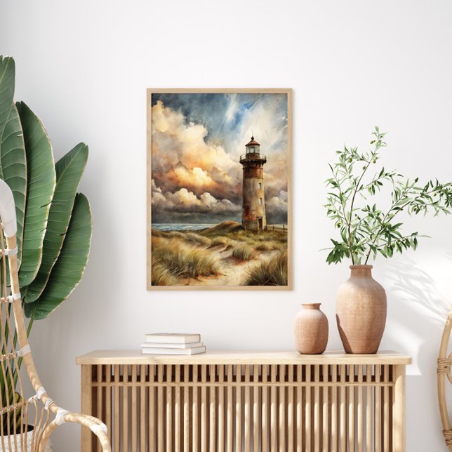 Affiche Peinture aquarelle du littoral avec phare (Lighthouse and stormy skies 16"x20" poster)