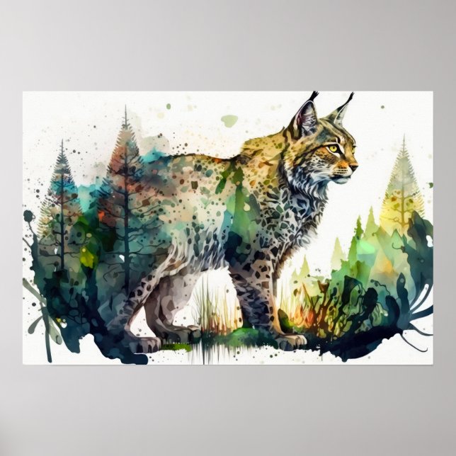 Affiche Peinture aquarelle d'une forêt Lynx AI Nature (Devant)