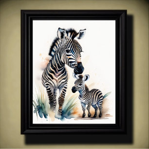 Affiche Peinture aquarelle d'une maman et bébé zèbre 5:4