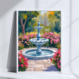 Affiche Peinture aquarelle florale de fontaine de jardin