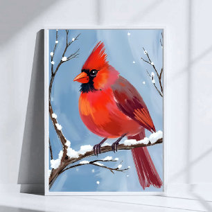 Affiche Peinture aquarelle oiseau rouge cardinal d'hiver