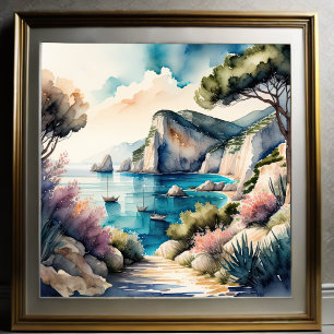 Affiche Peinture aquarelle Paysage de la côte méditerranée