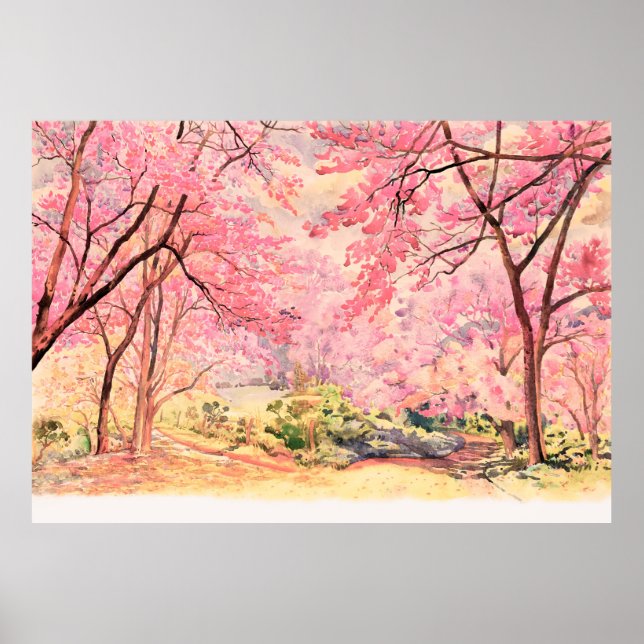 Affiche Peinture aquarelle paysage rose fleur rouge rose d (Devant)