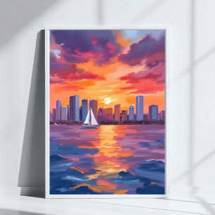 Affiche Peinture aquarelle reflet du coucher de soleil sur
