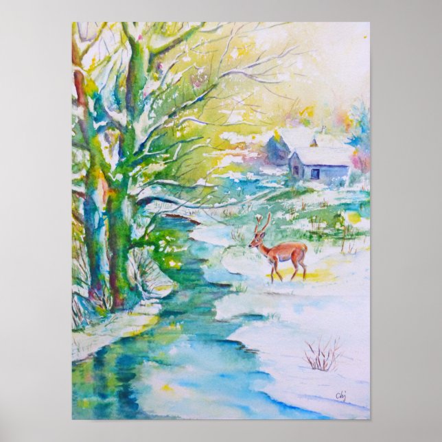 Affiche Peinture aquarelle Snow Deer Stream Paysage (Devant)