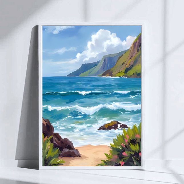 Affiche Peinture aquarelle Vagues bleues du bord de l'océa (Créateur téléchargé)