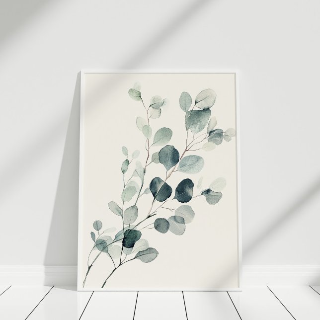 Affiche Peinture aquarelle vintage d'une branche d'eucalyp (Vintage Watercolor Eucalyptus Branch Wall Art on a white floor.)